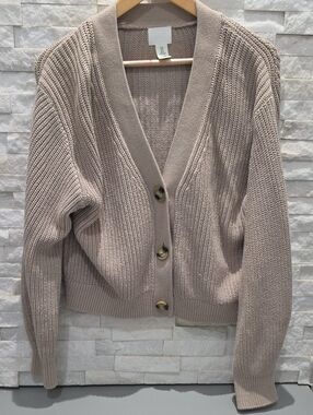 H&M Taupe Ribbed Button-Front Cardigan
